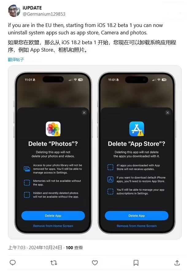 三更罗镇苹果手机维修分享iOS 18.2 支持删除 App Store 应用商店 